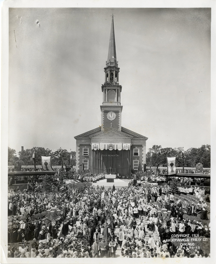 The altar for the Pontifical High Mass was set up in the front of the Chapel of the Immaculate Conception, showcasing the pageantry for the closing ceremonies of the 28th International Eucharistic Congress on June 24, 1926. (Photo courtesy: Joseph Cardinal Bernardin Archives and Records Center.)