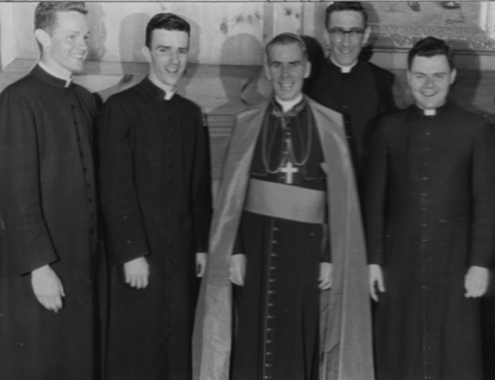 Bishop Fulton Sheen spoke to seminarians in May 1955 and posed for photographs. Sheen was a well-known personality in the 1950s and 1960s, having hosted radio and television shows, including the popular Life Is Worth Living program. (Photo courtesy: University of St. Mary of the Lake)