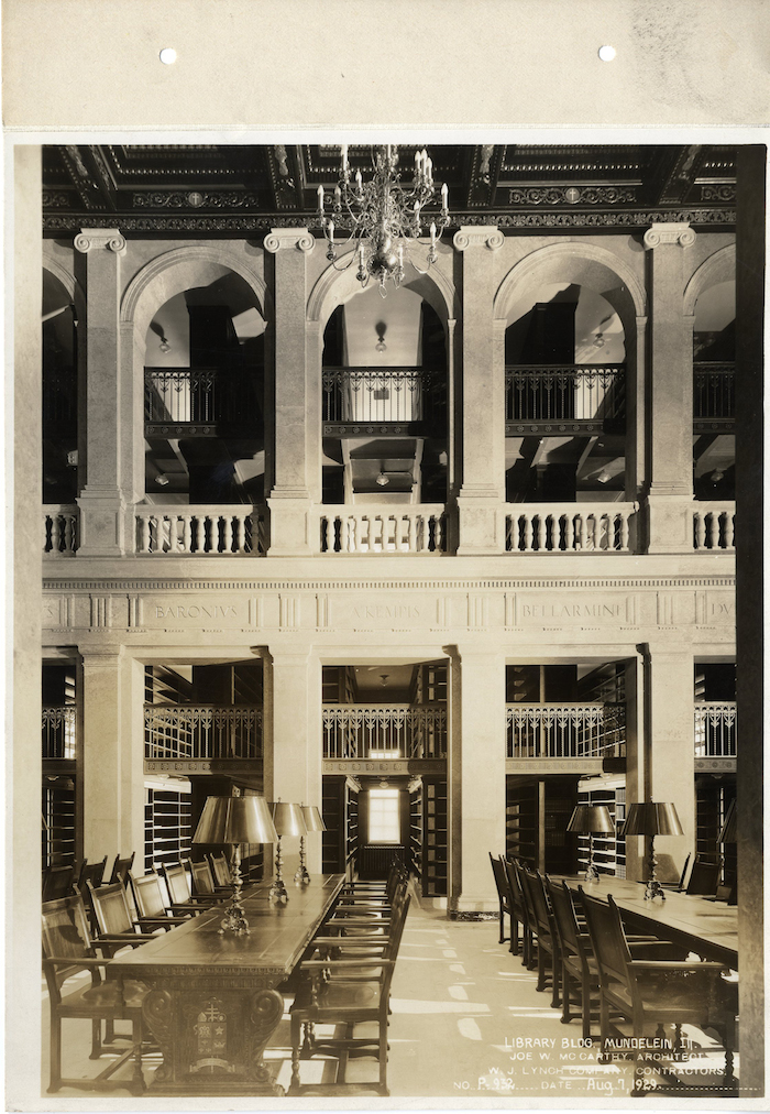 The interior of the Feehan Memorial Library looks strikingly the same today as it did in 1929 (pictured here) with some exceptions. High- speed Internet is available, and resources around the world can be accessed through the library’s extensive electronic databases. (Photo courtesy: University of St. Mary of the Lake)